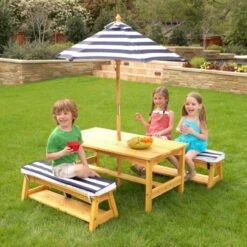 KidKraft Outdoor Table & Bench Set With Cushions & Umbrella - Navy & White Stripes 106 -Baby Product 00106 RSM 1
